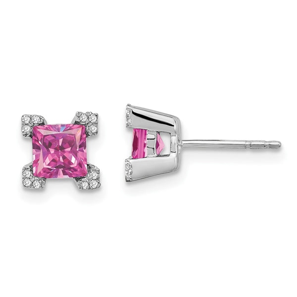 14K White Gold Square Earrings with Pink Sapphire & Diamond Accents