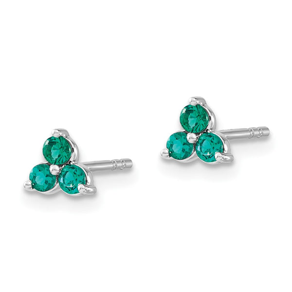14K White Gold Triangular 3-Stone Created Emerald Earrings