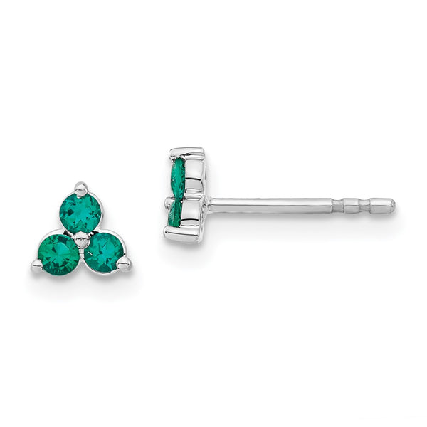14K White Gold Triangular 3-Stone Created Emerald Earrings
