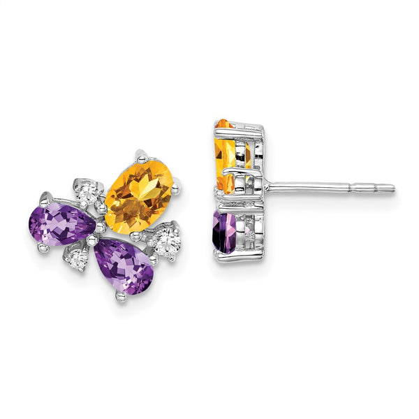 14K White Gold Amethyst, Citrine Diamond Earrings