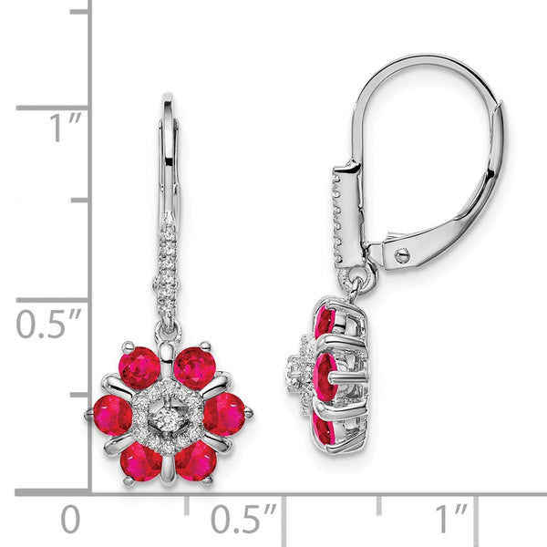 14K White Gold Ruby & Diamond Leverback Earrings - 1.5" Long