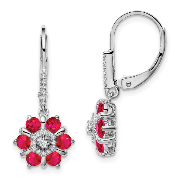 14K White Gold Ruby & Diamond Leverback Earrings - 1.5" Long