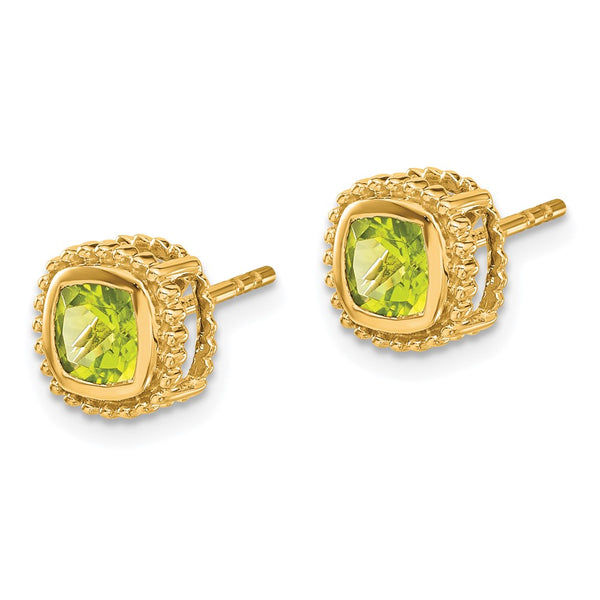 14K Gold Cushion Cut Peridot Earrings - .85mm