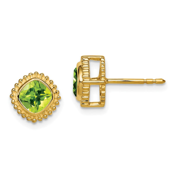 14K Gold Cushion Cut Peridot Earrings - .85mm