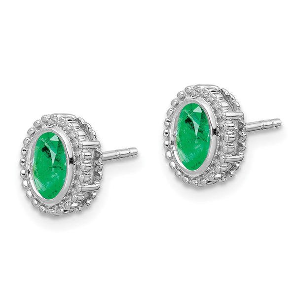 14K White Gold Oval Emerald Stud Earrings