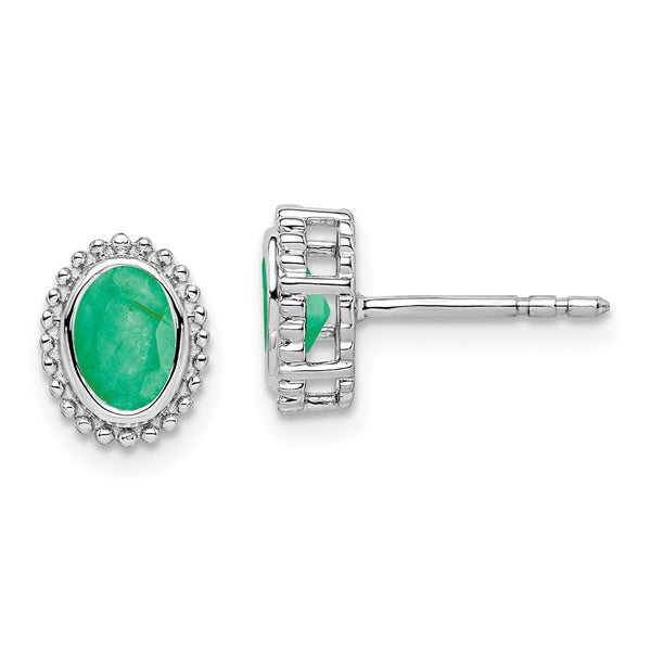 14K White Gold Oval Emerald Stud Earrings