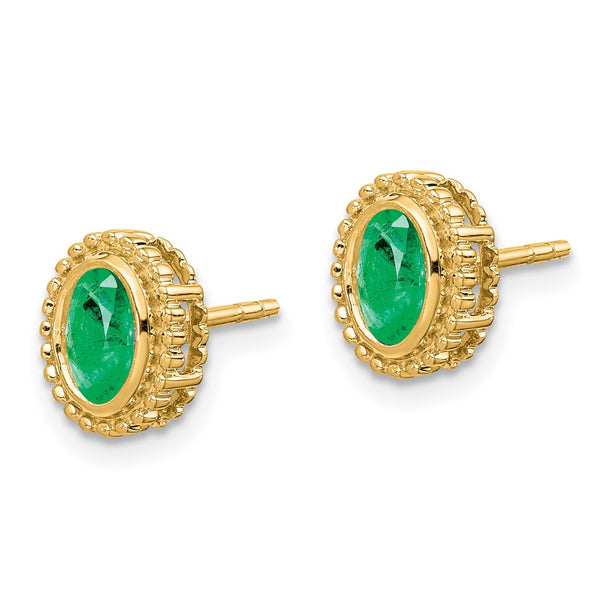 14K Gold Oval Emerald Stud Earrings - 0.85mm