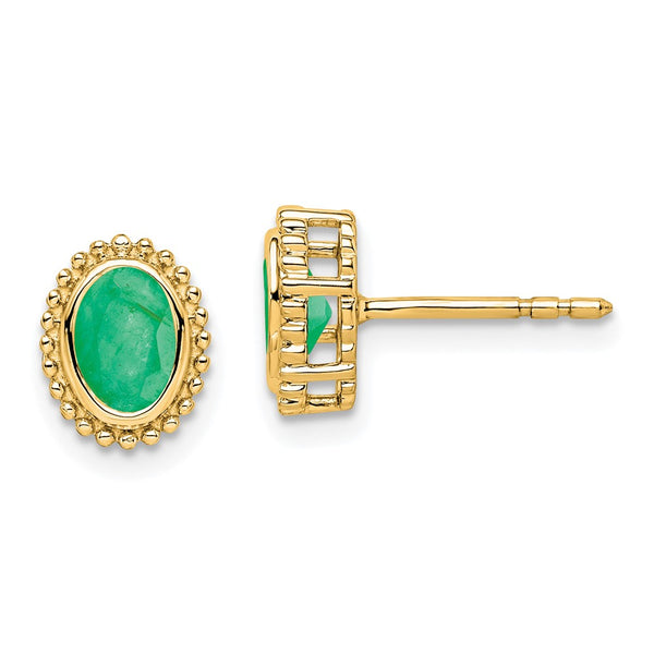 14K Gold Oval Emerald Stud Earrings - 0.85mm