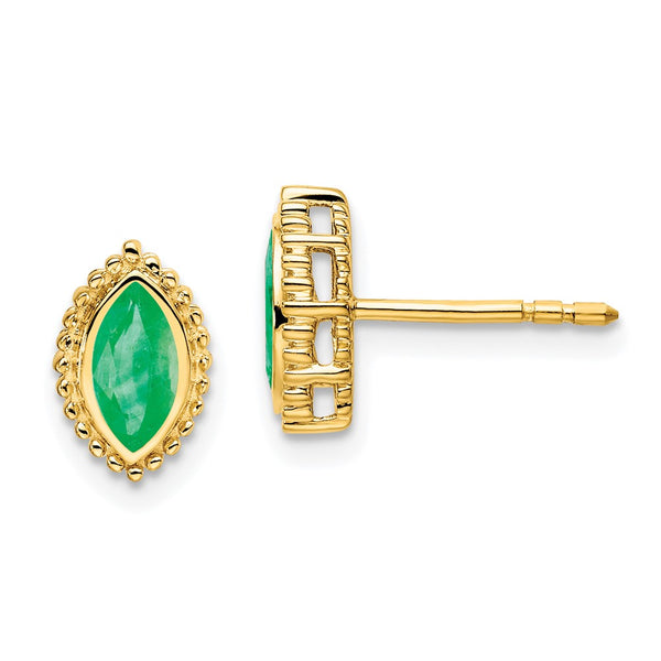 14K Gold Marquise Emerald Stud Earrings