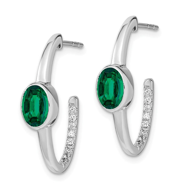 14K White Gold Oval Created Emerald & Diamond J-Hoop Earrings