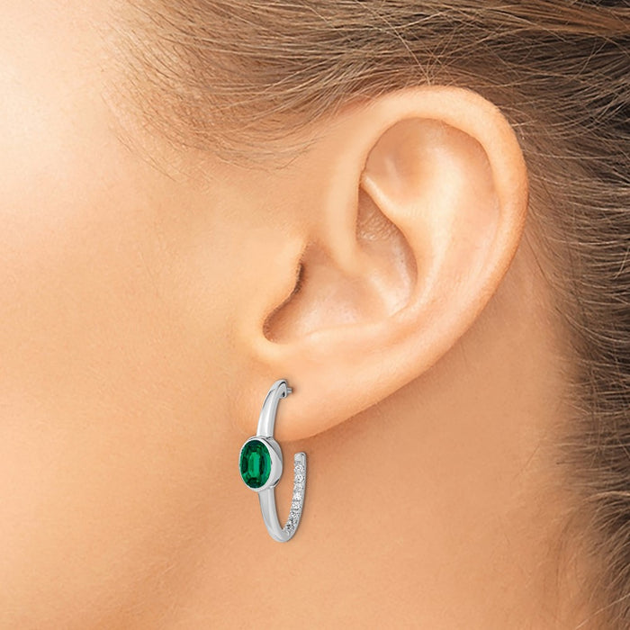 High-Quality 14K White Gold Oval Created Emerald & Diamond J-Hoop Earrings - Stylish Value-3