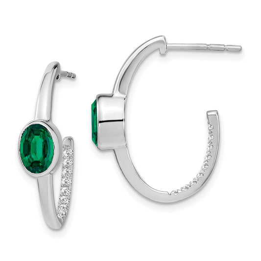High-Quality 14K White Gold Oval Created Emerald & Diamond J-Hoop Earrings - Stylish Value