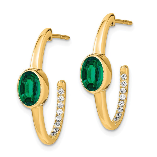 14K Gold Oval Created Emerald & Diamond J-Hoop Earrings