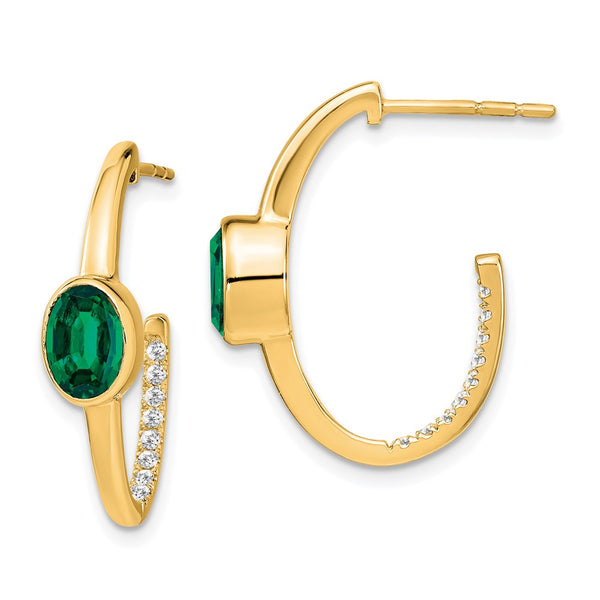 14K Gold Oval Created Emerald & Diamond J-Hoop Earrings