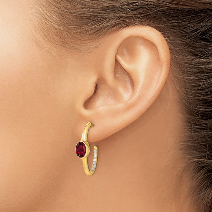 Exclusive 14K Gold Oval Created Ruby & Diamond J-Hoop Earrings - Stylish Value!-3