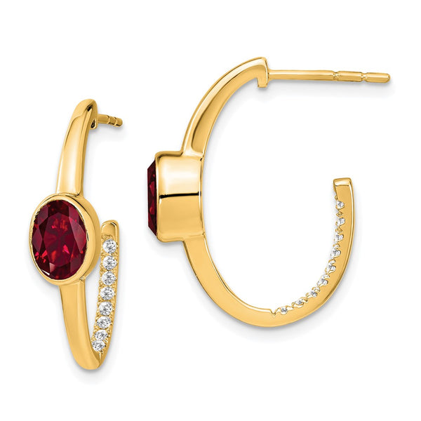 14K Gold Oval Created Ruby & Diamond J-Hoop Earrings