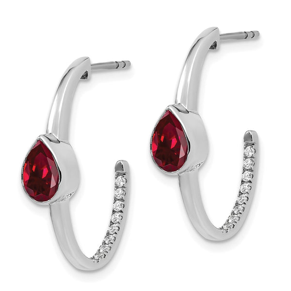 14K White Gold J-Hoop Earrings with Ruby & Diamond Accents