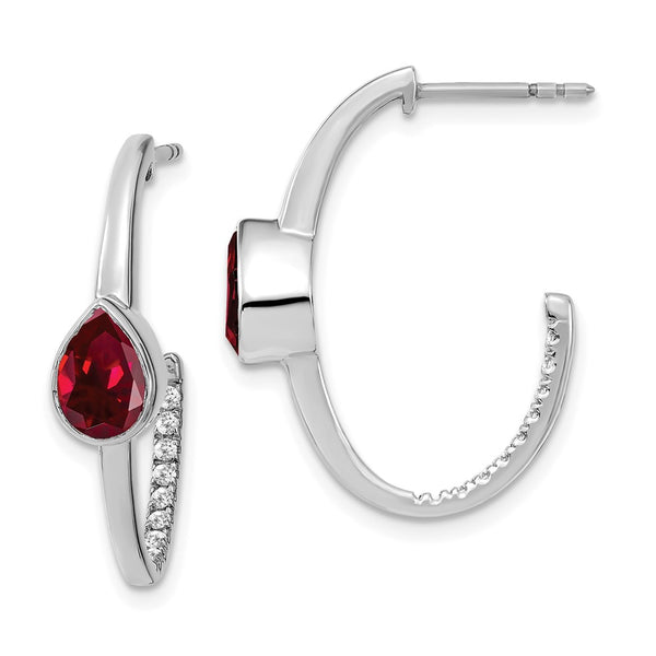 14K White Gold J-Hoop Earrings with Ruby & Diamond Accents