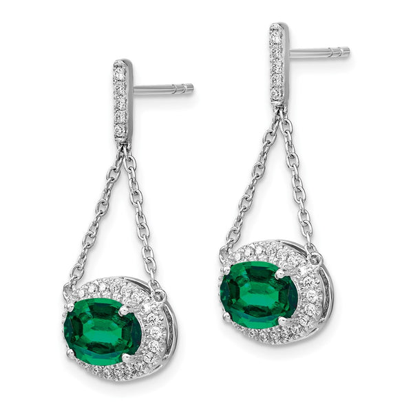 14K White Gold Oval Created Emerald & Diamond Drop Earrings