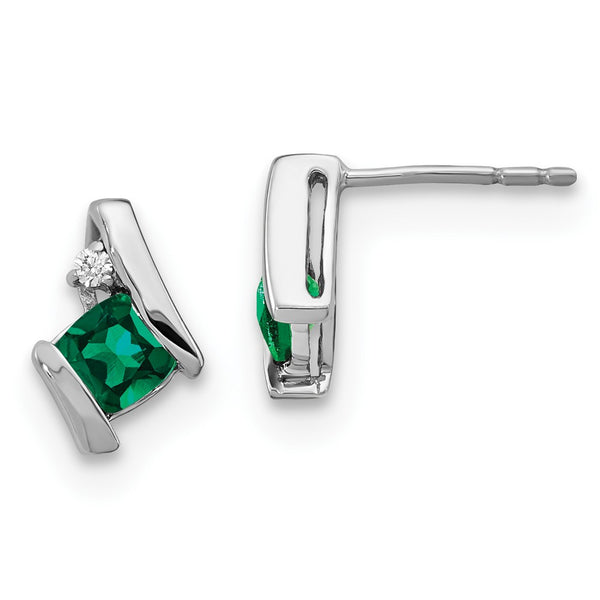 14K White Gold Cushion-Cut Emerald & Diamond Earrings, 1.5"