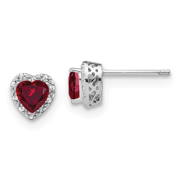 14K White Gold Heart Halo Earrings: 1/10 Carat Lab Grown Diamond & Ruby Accents