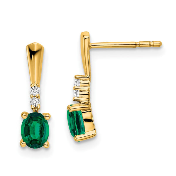 14K Gold Oval Created Emerald & Diamond Drop Earrings
