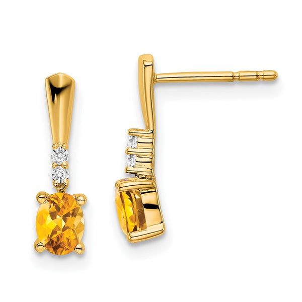 14K Gold Oval Citrine & Diamond Drop Earrings