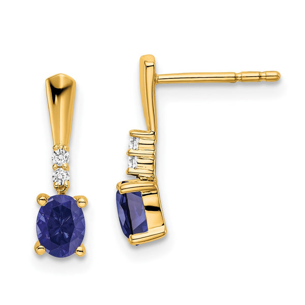 14K Gold Oval Created Sapphire & Diamond Drop Earrings 1.5"