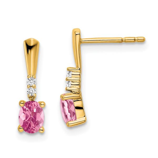 14K Gold Oval Pink Tourmaline & Diamond Drop Earrings