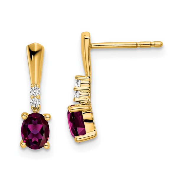 14K Gold Oval Rhodolite Garnet & Diamond Drop Earrings