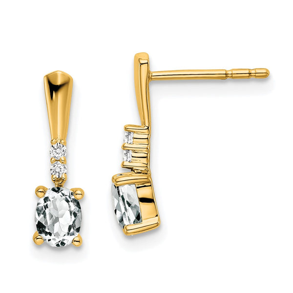 14K Gold Oval White Topaz & Diamond Drop Earrings