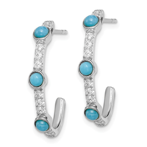 14K White Gold J-Hoop Earrings with Turquoise & White Topaz
