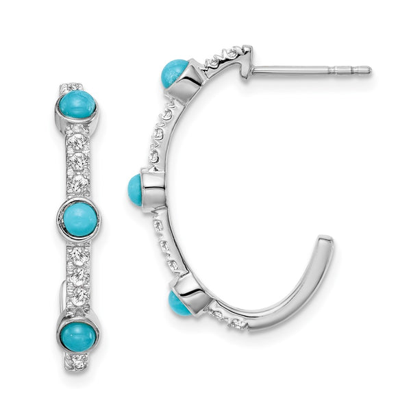 14K White Gold J-Hoop Earrings with Turquoise & White Topaz
