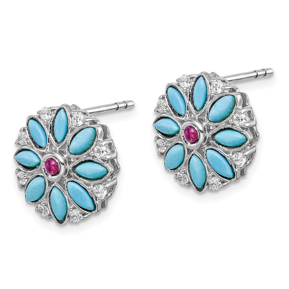 Shop Exclusive 14K White Gold Floral Earrings with Turquoise & Ruby - Stylish Value