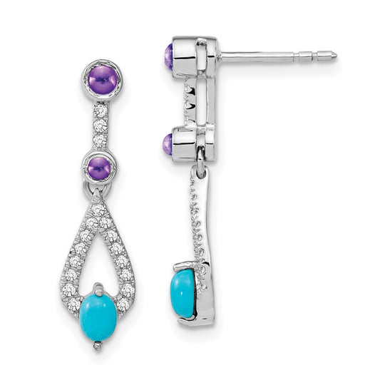 High-Quality 14K White Gold Dangle Earrings with Turquoise & Amethyst - Stylish Value