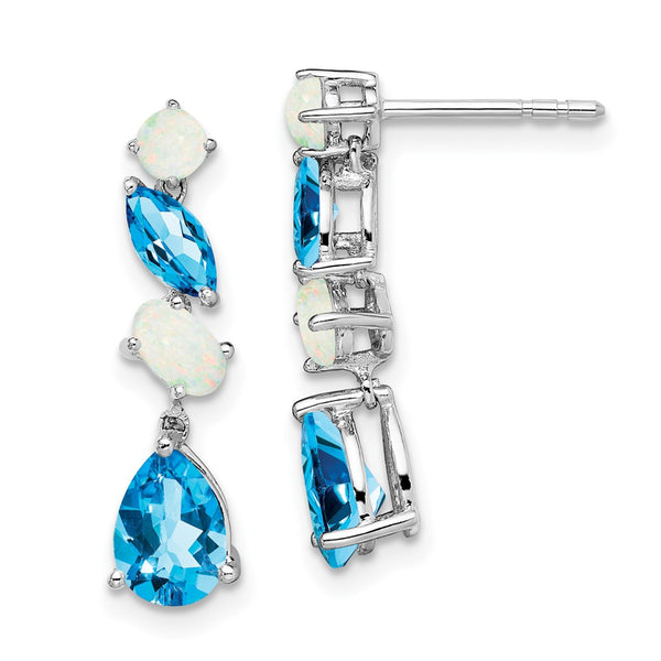 14K White Gold Dangle Earrings with Blue Topaz & Opal Accents
