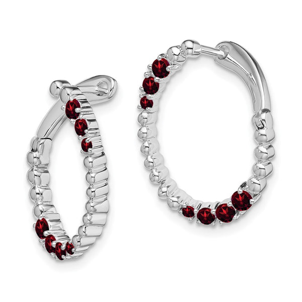 14K White Gold Oval Hoop Earrings with Garnet Accents
