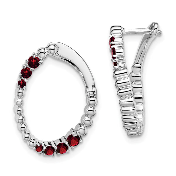 14K White Gold Oval Hoop Earrings with Garnet Accents
