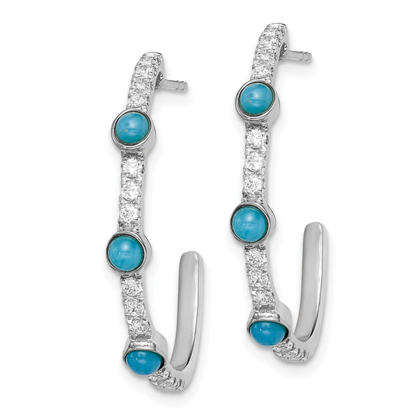 14K White Gold J-Hoop Earrings with Turquoise & Topaz Accents