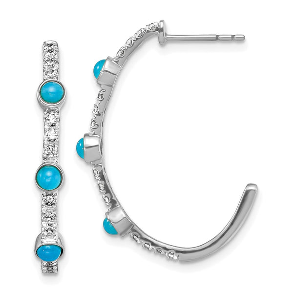 14K White Gold J-Hoop Earrings with Turquoise & Topaz Accents