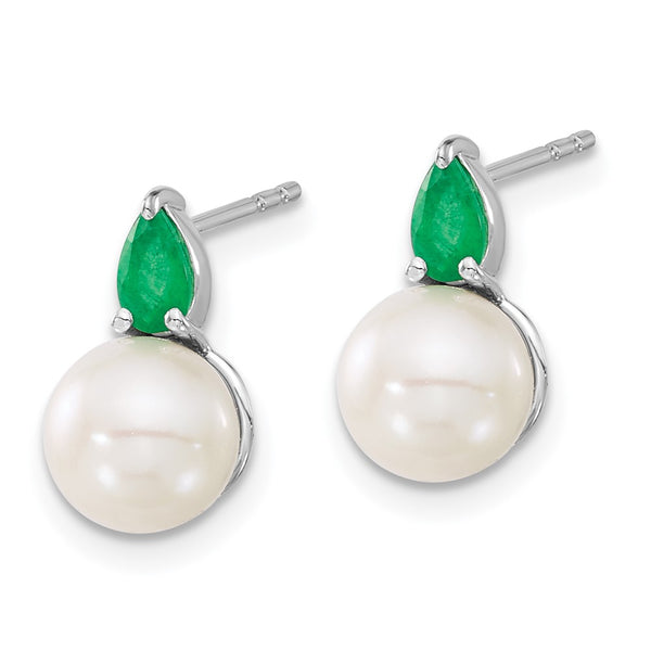 14K White Gold Freshwater Pearl & Emerald Stud Earrings - 8mm