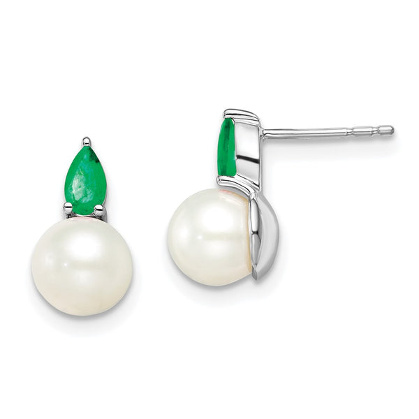 14K White Gold Freshwater Pearl & Emerald Stud Earrings - 8mm