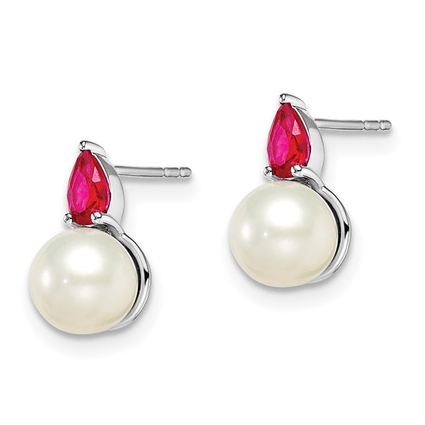 14K White Gold Freshwater Pearl & Ruby Stud Earrings