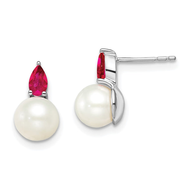 14K White Gold Freshwater Pearl & Ruby Stud Earrings
