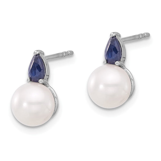 High-Quality 14K White Gold Freshwater Pearl & Sapphire Stud Earrings - Luxury Value!