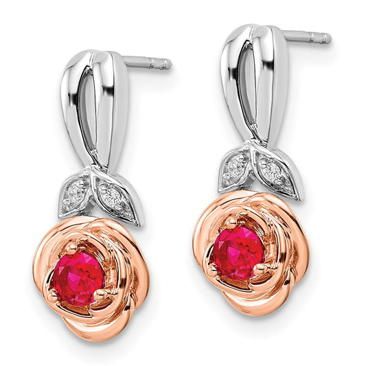 Designer 14K Two-Tone Ruby & Diamond Floral Stud Earrings - Stylish Value