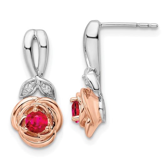 Designer 14K Two-Tone Ruby & Diamond Floral Stud Earrings - Stylish Value