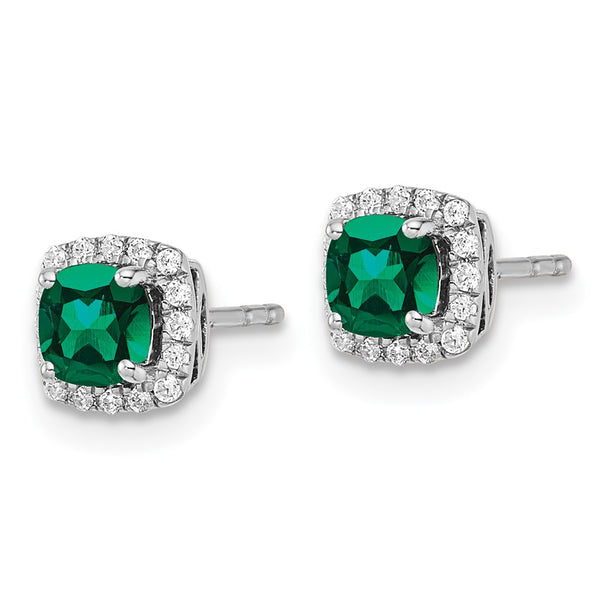10K White Gold Lab-Grown Diamond & Emerald Halo Earrings - 1/10 Carat