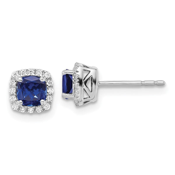 10K White Gold Square Halo Earrings with 1/10 Carat Diamonds & Sapphires