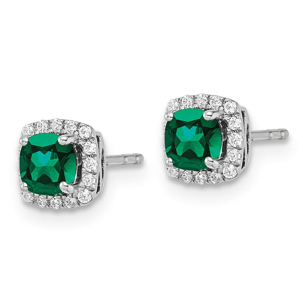 14k White Gold Square Halo Earrings with 1/10 Carat Diamond & Emerald